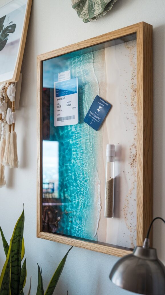 Shadow box framed artwork depicting a beach scene with turquoise waters and sandy shore, perfect for cruise memory ideas. Inside are a boarding pass, a blue travel tag, and a vial of sand. A small indoor plant and metallic lamp are visible near the bottom, to cherish forever.