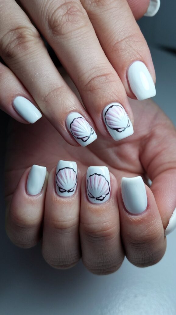 Close-up of hands with white nail polish, featuring a chic seashell design fit for cruise nails. The seashells are outlined in black with a lovely pink gradient inside. Well-manicured and ready for your Bahamas adventure, the look complements any tropical getaway.
