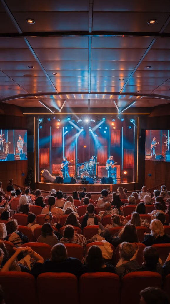 A band performs on stage in a concert hall with red seats, reminiscent of the vibrant colors seen on family-friendly Caribbean cruises. The blue and red stage lights dance across the audience as they enjoy the show. Moms and kids alike appreciate the large screens showcasing the musicians’ talents.