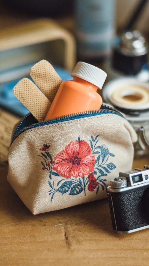 A small beige pouch with a floral design is open, revealing two adhesive bandages and an orange bottle—essential items for any cruise. The pouch rests on a wooden surface next to a camera and other miscellaneous belongings, perfectly catering to every woman's needs.