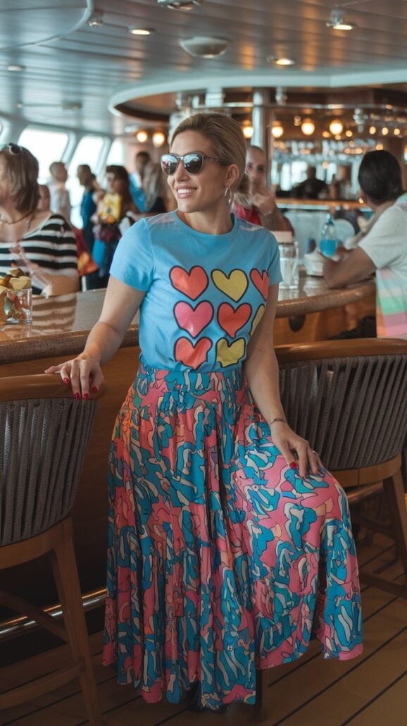 A woman in chic cruise fashion sits at a bar on a ship, wearing stylish sunglasses and exuding chill style. Her blue t-shirt adorned with pink and yellow heart graphics pairs perfectly with her colorful patterned skirt. Behind her, people and bar stools add to the vibrant atmosphere.