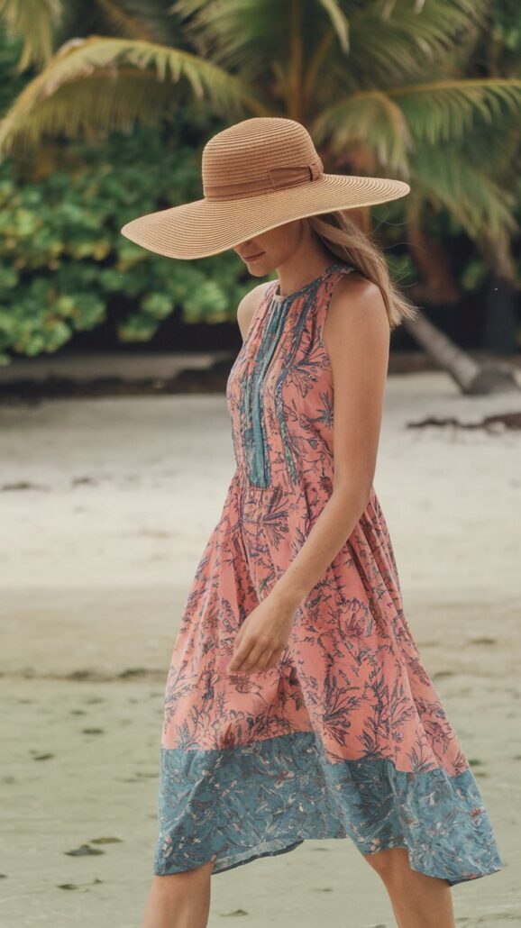 A woman strolls along the sandy beach, epitomizing chill cruise fashion with a wide-brimmed straw hat and a sleeveless dress adorned in pink and blue florals. Against the backdrop of swaying palm trees, she embodies effortless elegance by the ocean's edge.