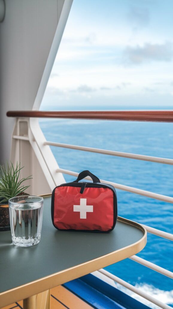 A red first aid kit with a white cross sits on a table alongside a glass of water and a potted plant. The table, part of the Ultimate Cruise care package, offers a serene balcony view of the ocean in the background.