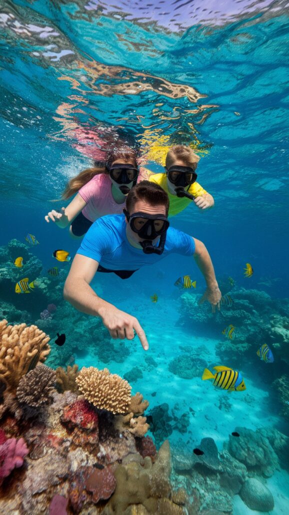 A family enjoying a Caribbean cruise dons snorkeling gear to swim over a vibrant coral reef, pointing at the colorful fish and marine life in the clear blue water—it's one of those unforgettable experiences.