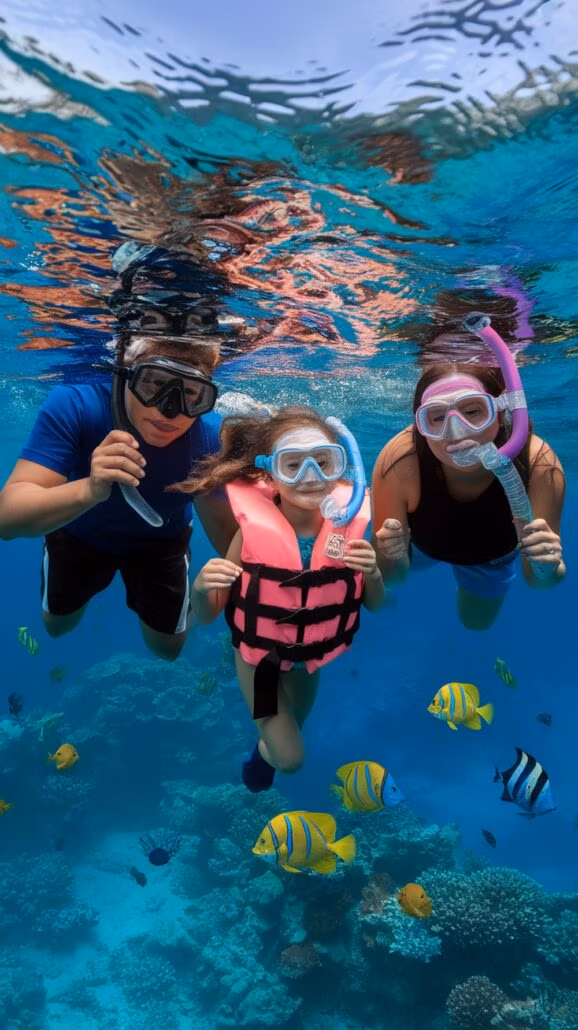 A family-friendly Caribbean cruise adventure awaits as three snorkelers, including a child in a pink life jacket, explore the clear turquoise waters. Colorful fish flutter around them near vibrant coral, offering moms countless reasons to cherish every underwater moment together.