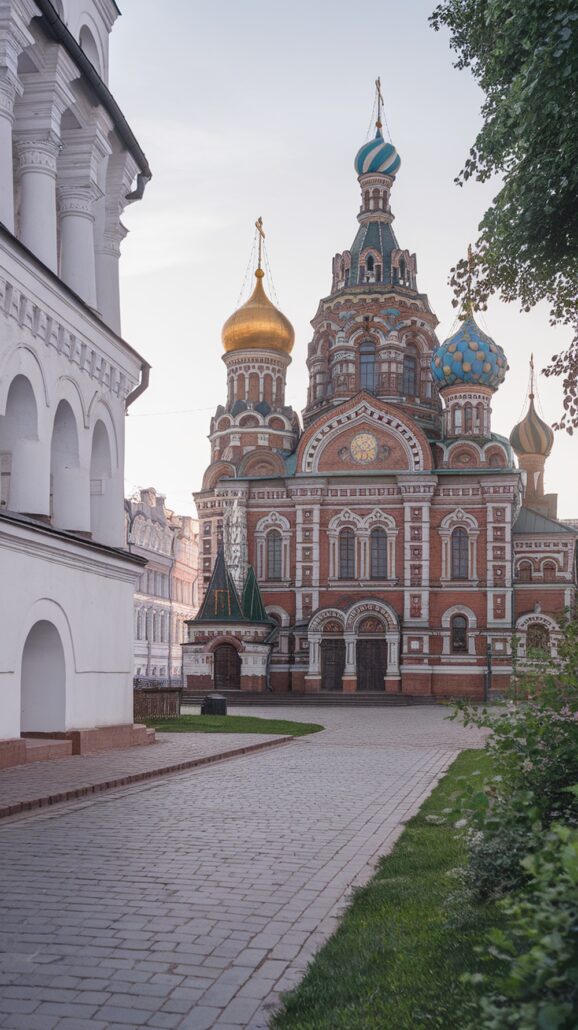Explore an incredible destination as a path leads to an ornate brick building with colorful domes in blue, gold, and striped designs, reminiscent of Russian architecture. Surrounding greenery and white buildings frame this Northern European gem under a clear, soft-lit sky.