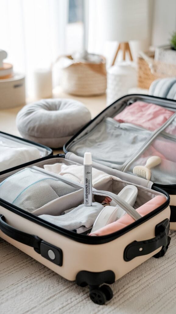 An open suitcase is neatly packed, offering a woman's guide to efficient travel. Inside are clothes, a white toiletries bag, and a cylindrical spray can, all ready for your Canada cruise. The beige suitcase with black edges rests on a light-colored carpet in a softly lit room.