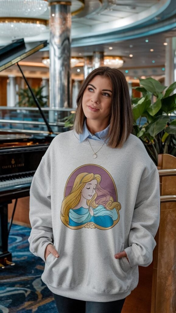 A woman stands indoors wearing a light gray sweatshirt featuring a magical illustration of two characters, one with blonde hair and the other with lavender hair. With a grand piano and plants in the background, this look could easily be one of your favorite Disney Cruise outfits.