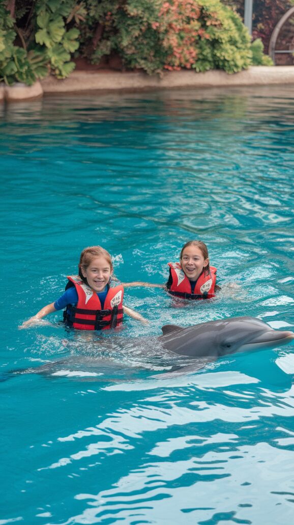 Two children in red life jackets swim joyfully with a dolphin in a bright blue pool, surrounded by lush green plants. Their smiles capture the essence of unforgettable family adventures on a Caribbean cruise.