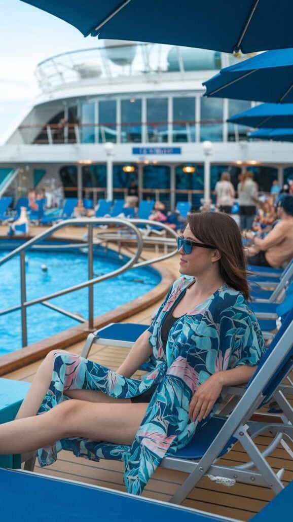 A woman wearing sunglasses and a floral cover-up relaxes on a lounge chair by the pool on a cruise ship. The deck, an essential part of any cruise experience, is lined with other chairs and umbrellas, and several people are visible near the pool in the background.