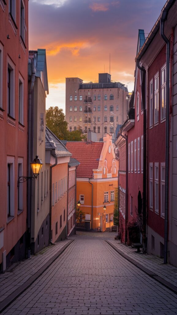 A narrow cobblestone street in a city, often found on incredible Northern Europe cruises, is lined with colorful buildings of orange and pink facades. In the background, a modern building adds contrast. The warm, glowing sunset casts a soft light over this charming scene worth exploring.