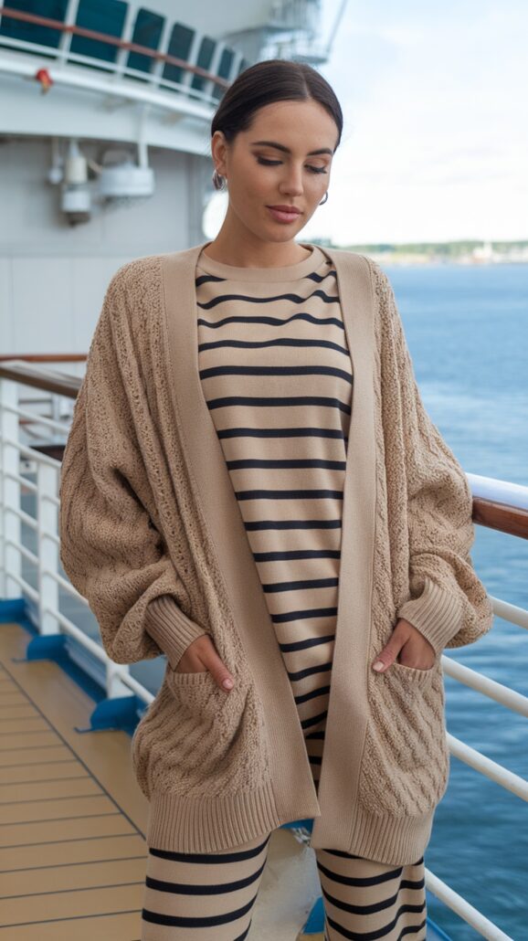 A person with long hair stands on a ship's deck during their New England cruise, wearing a beige knitted cardigan over a stylish striped ensemble. Their hands rest in the cozy cardigan pockets, with the serene sea stretching out behind them.