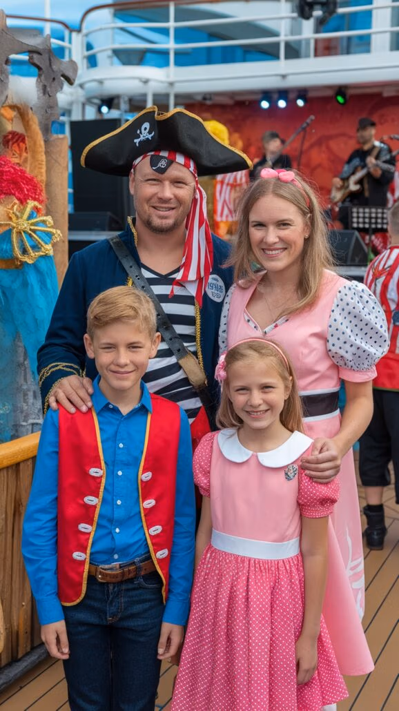 A family of four stands together on a ship deck during a Family-Friendly Caribbean Cruise. The father and son wear pirate-themed costumes, complete with hats and vests, while the mother and daughter don pink dresses. A band plays lively music in the background, creating a celebratory atmosphere.
