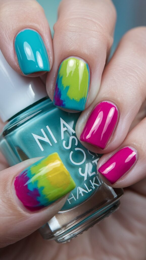 Close-up of a hand holding a nail polish bottle. The nails flaunt one of the best designs—a colorful gradient in blue, green, yellow, and pink. Perfect for cruise nails, the polish bottle is teal with white text partially visible.