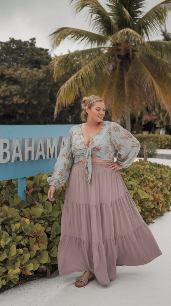 A woman strolls along a path beside a sign with partially visible letters, surrounded by lush greenery. On her Bahamas cruise, she's donned a patterned blouse and long, tiered skirt. Towering palm trees sway beneath the cloudy sky in this tranquil scene.