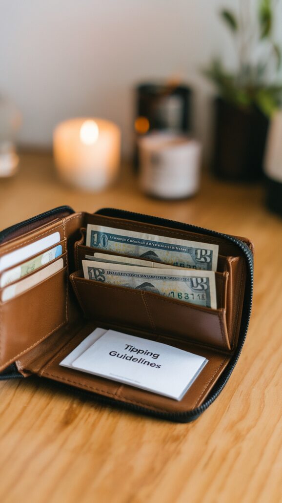 A brown wallet is open on a wooden table, revealing U.S. dollar bills, several credit cards, and a paper labeled "Norwegian Cruise Essential Tips." In the background, lit candles and a plant add ambiance.