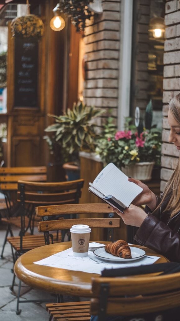 A person sits at a café table outdoors, reading a book. On the table, there's a paper cup of coffee and a croissant on a plate, two essential items for any relaxed morning. The cozy setting features wooden chairs and decorative plants—a perfect spot to ponder an upcoming European River Cruise.