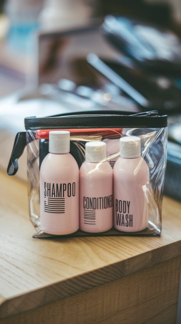 A clear toiletry bag, an essential item for any cruise adventure, rests on a wooden surface, containing three labeled bottles: shampoo, conditioner, and body wash. The pink bottles with white caps are neatly zipped up in the bag.
