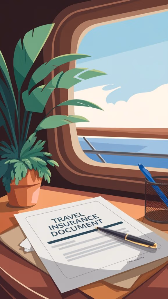 A travel insurance document with a pen rests on a wooden desk beside a potted plant—essentials for any adventure. A window behind reveals a bright sky and a hint of an airplane wing, perfect for dreaming of that Northern Lights cruise.