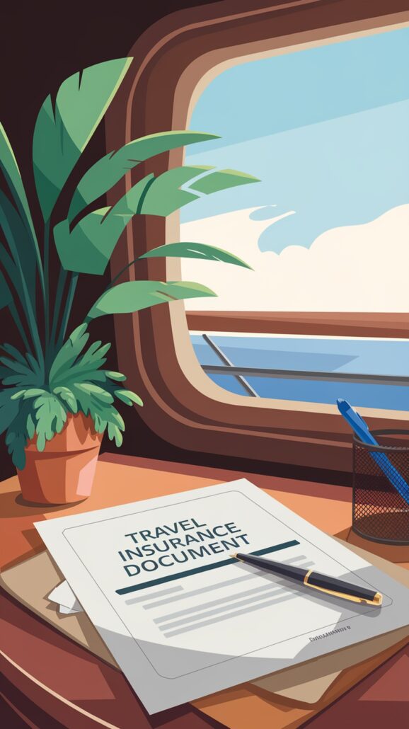 A travel insurance document with a pen rests on a wooden desk beside a potted plant—essentials for any adventure. A window behind reveals a bright sky and a hint of an airplane wing, perfect for dreaming of that Northern Lights cruise.