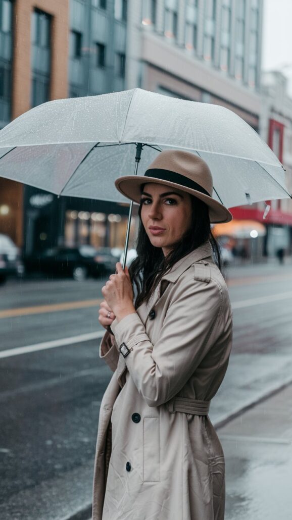 A person stands on a wet city street holding a transparent umbrella. Dressed in a beige trench coat and matching hat, this scene feels like a snapshot from a woman's guide to city fashion. The rainy weather reflects off the buildings in the background, adding intrigue to the urban tableau.