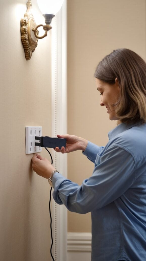 A person in a blue shirt, smiling as they plug a black electronic device into a wall socket with two USB ports—a must-have on any European River Cruise packing list. The beige wall and decorative sconce above add to the serene ambiance.