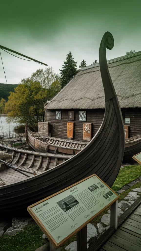 Explore an incredible destination showcasing a scenic view of two Viking ships with curved prows beside rustic wooden structures. Informational plaques accompany lush greenery, all set against a forest and body of water under an overcast sky, reminiscent of a Northern Europe cruise.