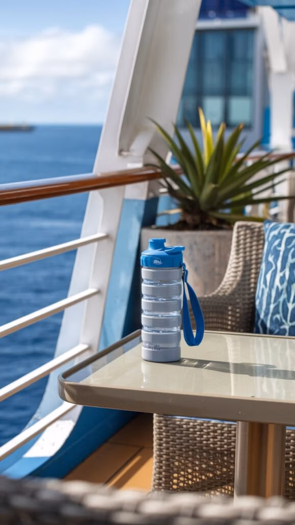 A reusable water bottle with a blue lid and handle sits on a glass-topped outdoor table—an essential item for any sea adventure. The table is surrounded by wicker chairs with blue patterned cushions. In the background, a railing overlooks the vast ocean, capturing the spirit of a cruise.