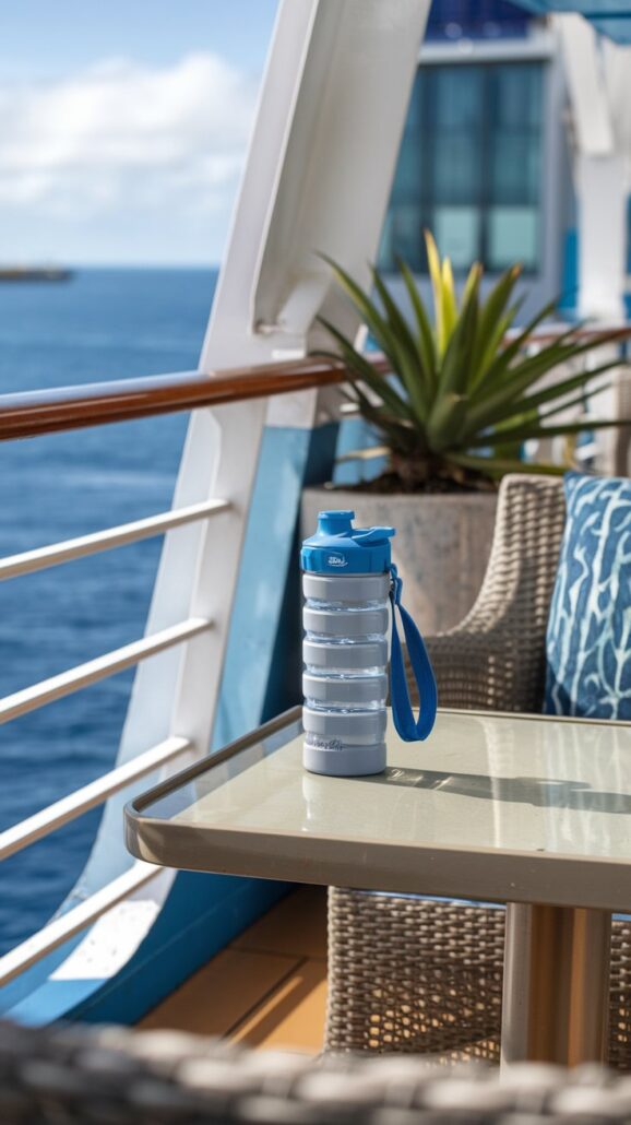 A reusable water bottle with a blue lid and handle sits on a glass-topped outdoor table—an essential item for any sea adventure. The table is surrounded by wicker chairs with blue patterned cushions. In the background, a railing overlooks the vast ocean, capturing the spirit of a cruise.