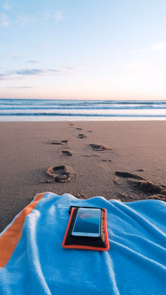 A smartphone in a red case rests on a blue towel with an orange stripe on a sandy beach, outlined in your Cruise Checklist. Footprints lead to the ocean, where gentle waves kiss the shore under a partly cloudy sky, setting the scene for your ultimate cruise getaway.