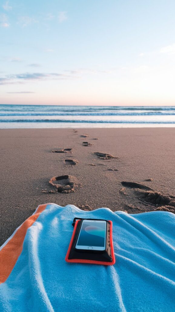 A smartphone in a red case rests on a blue towel with an orange stripe on a sandy beach, outlined in your Cruise Checklist. Footprints lead to the ocean, where gentle waves kiss the shore under a partly cloudy sky, setting the scene for your ultimate cruise getaway.