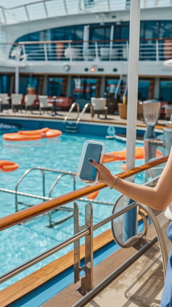 A person holds a smartphone at a poolside area on a cruise ship, capturing the serene scene. Surrounding the pool are orange floats, while deck chairs sit invitingly in the background. The phone’s focus includes the clear blue sky above—an essential item for any Free Cruise Packing List.