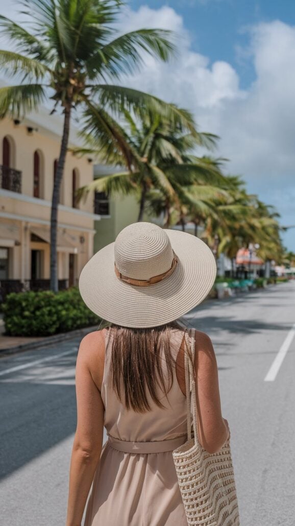 A person in a sleeveless beige dress and wide-brimmed hat strolls down a palm tree-lined street, embodying the essence of a Bahamas cruise. They carry a woven bag, perfect for any seasoned traveler's packing tips, as they face away from the camera beneath the partly cloudy sky.