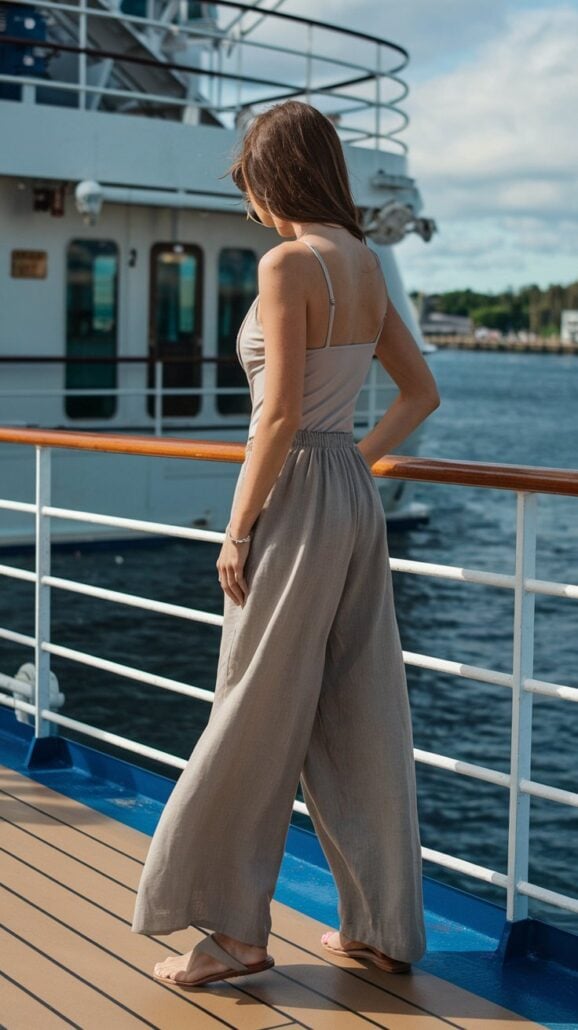 A woman embarks on a March cruise, standing on the deck with an air of adventure. She showcases stylish outfits with her light-colored tank top and wide-legged pants, as the partly cloudy sky and gentle waves form a picturesque backdrop.