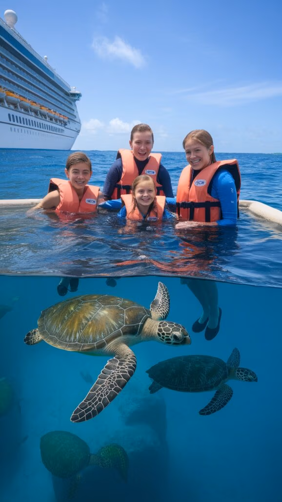 Four people wearing orange life vests enjoy a family-friendly Caribbean cruise experience in the ocean, with a majestic ship in the background. Below the water's surface, three sea turtles glide gracefully. The sky is clear and blue, perfect reasons for moms seeking adventure and relaxation alike.