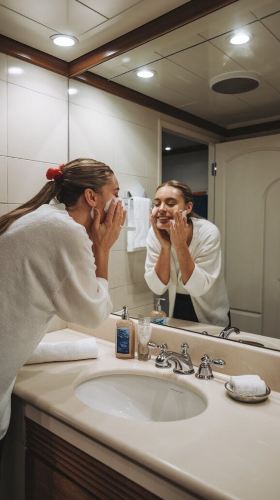 A person stands at a well-lit bathroom sink, wearing a white robe, using essential items like a towel to dry their face. Toiletries pepper the counter—must-haves for any cruise packing list.