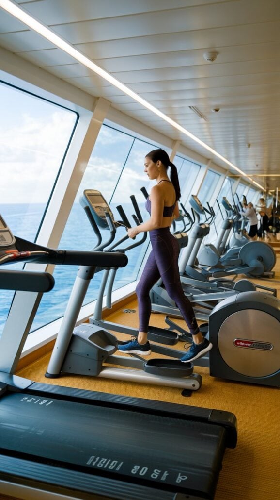 A person in athletic wear uses an elliptical machine in a gym with large windows overlooking the ocean—a perfect spot for some fitness amidst your cruise planning. Several other machines are lined up nearby in this bright and spacious interior, offering a stunning view of the blue sky and water.