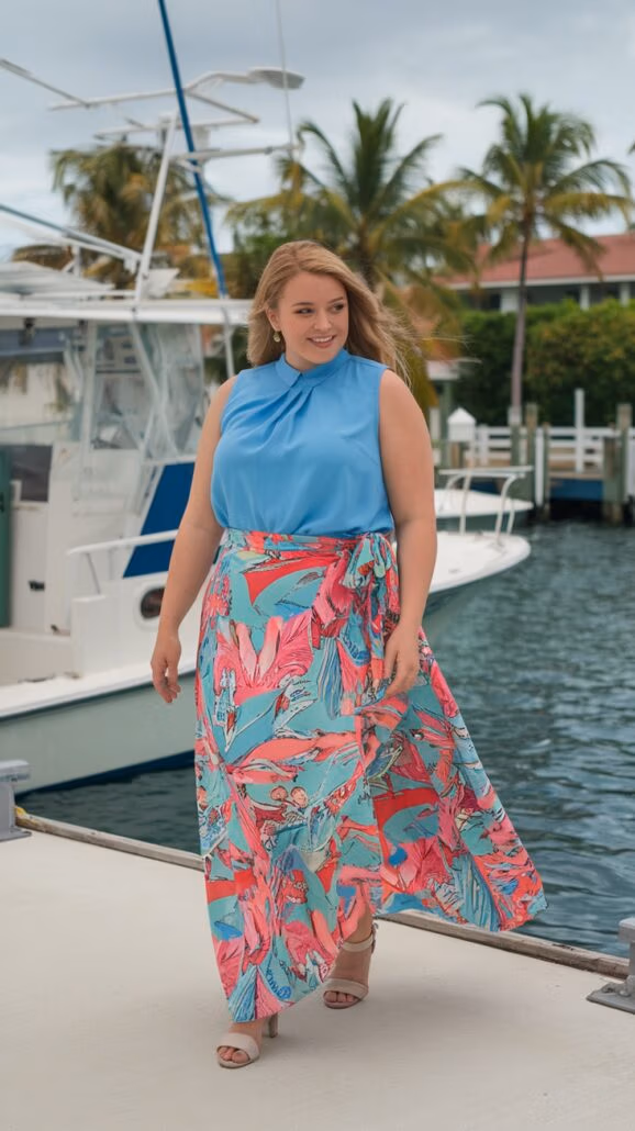 A person in a sleeveless blue top and a colorful floral skirt stands on the dock near a boat, likely awaiting their Bahamas cruise. Palm trees sway gently with hints of a building in the background, complementing the vibrant outfits around.