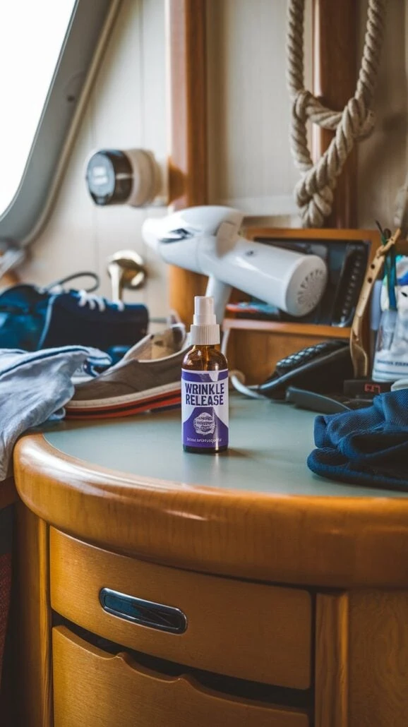 A bottle of wrinkle release spray sits on a round wooden countertop, an essential item for any woman preparing for a cruise. In the background, a hairdryer, shoes, and clothes hint at the casual yet organized setting needed for smooth sailing.