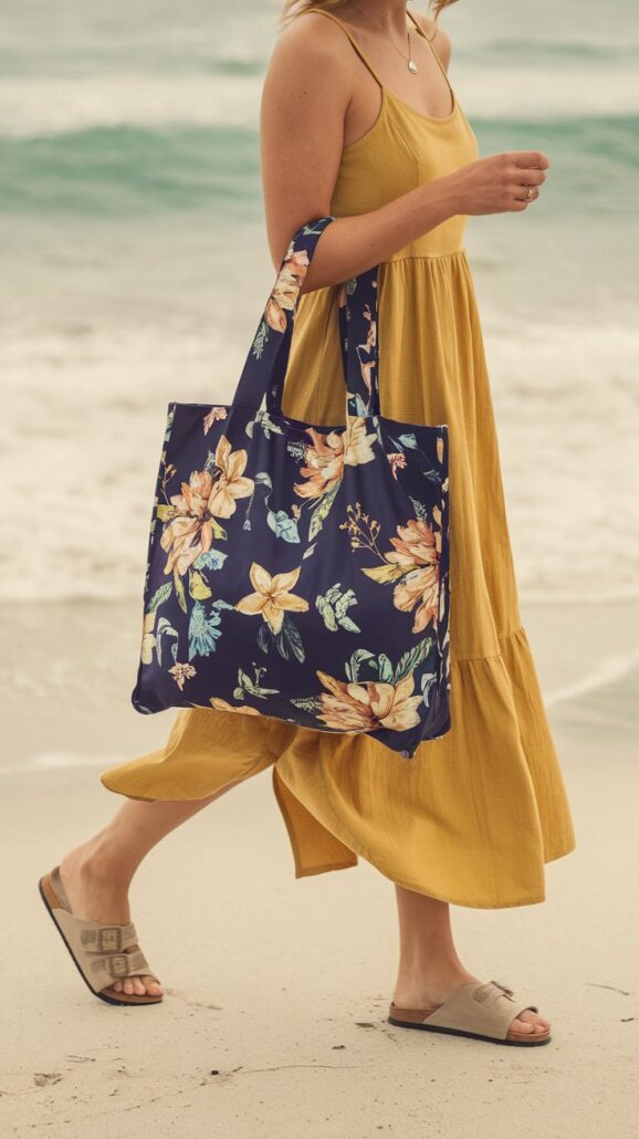 A person in a yellow sleeveless dress walks barefoot on a beach, an essential item for any cruise packing list. They hold a large navy blue tote bag with a floral pattern. Ocean waves softly crash in the background as they wear a necklace and nude-colored sandals.