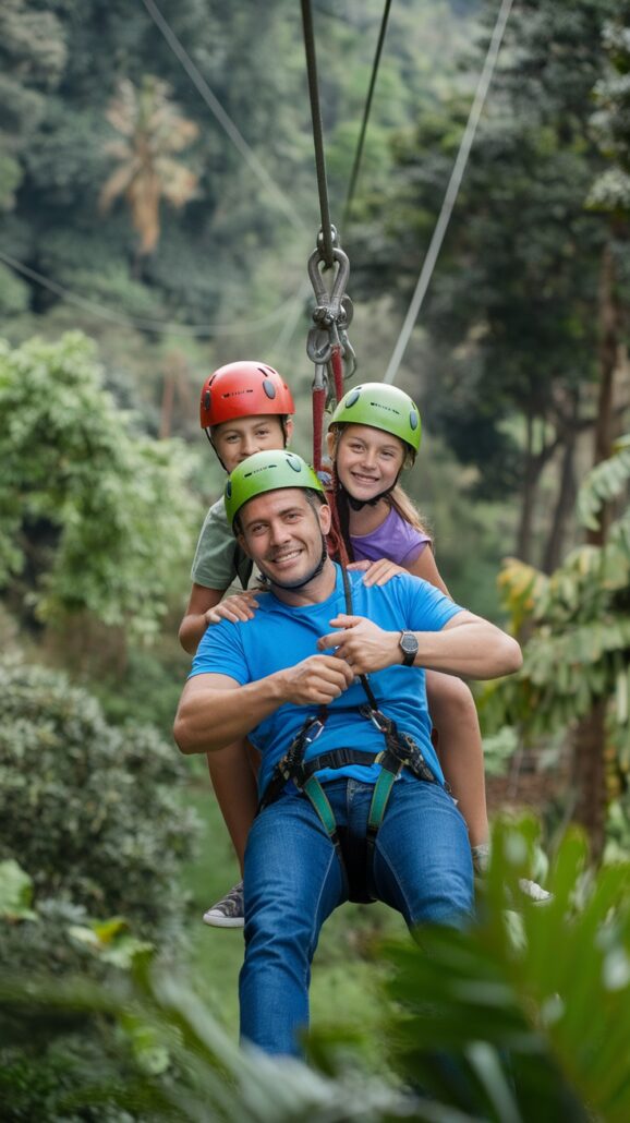 A person ziplining with two children in a lush, forested area is the essence of unforgettable family adventures. The adult, in a blue shirt and jeans, and the kids, with red and green helmets, are all harnessed together and smiling amidst the trees.