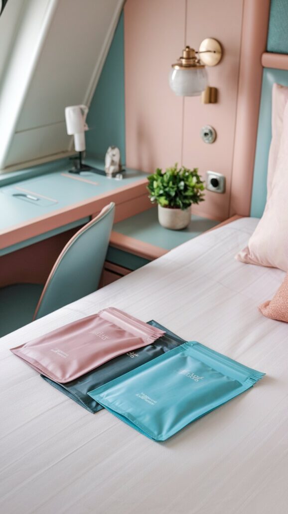 A neatly made bed holds two sealed pouches, one pink and one teal, labeled as essential items for a relaxing stay. Behind the bed, a desk with a lamp, plant, and small decorative item complements the pastel colors and modern decor—a serene retreat akin to a luxury cruise cabin.