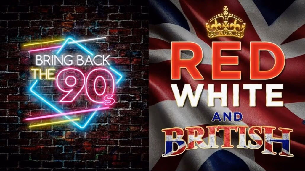 The image is split into two sections: the left side showcases a neon sign on a brick wall that reads "Bring Back the 90s" in bright colors. The right side features text "Red White and British" over a waving British flag background, inviting you to explore new shows aboard Norwegian Cruise Line in 2025.