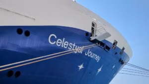 The image captures the bow of a midsize ship, its blue hull bearing the name "Celestyal Journey" amid starry motifs. Several ropes tether the docked vessel, perfectly poised under a clear blue sky—truly embodying why this Celestyal Journey feels perfect.