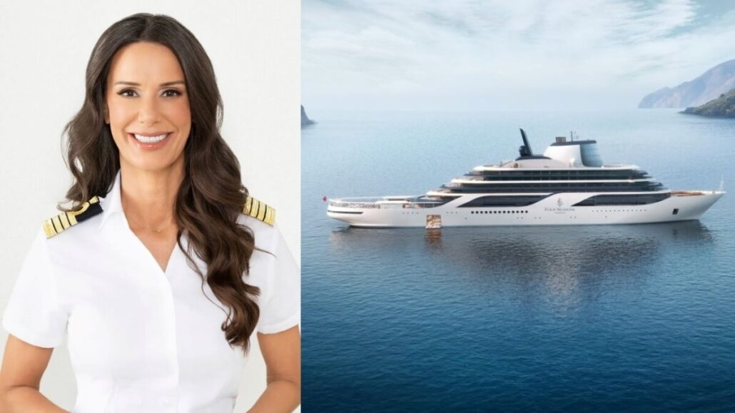 A person with long dark hair, adorned in a white uniform with shoulder stripes, is smiling confidently at the helm. Beside them is an image of a majestic Four Seasons Yacht cruising through calm blue waters, set against a backdrop of stunning mountains.