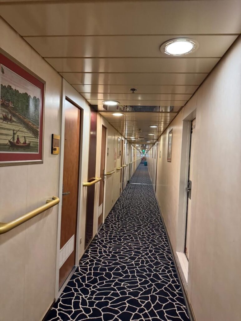 A long corridor with patterned carpet and beige walls sets the stage for Embarkation Day. On the left, wooden doors with gold handles and paintings are visible, reminiscent of a Celestyal Journey. The right side features more doors as overhead lights illuminate the space. A handrail runs along the left wall.