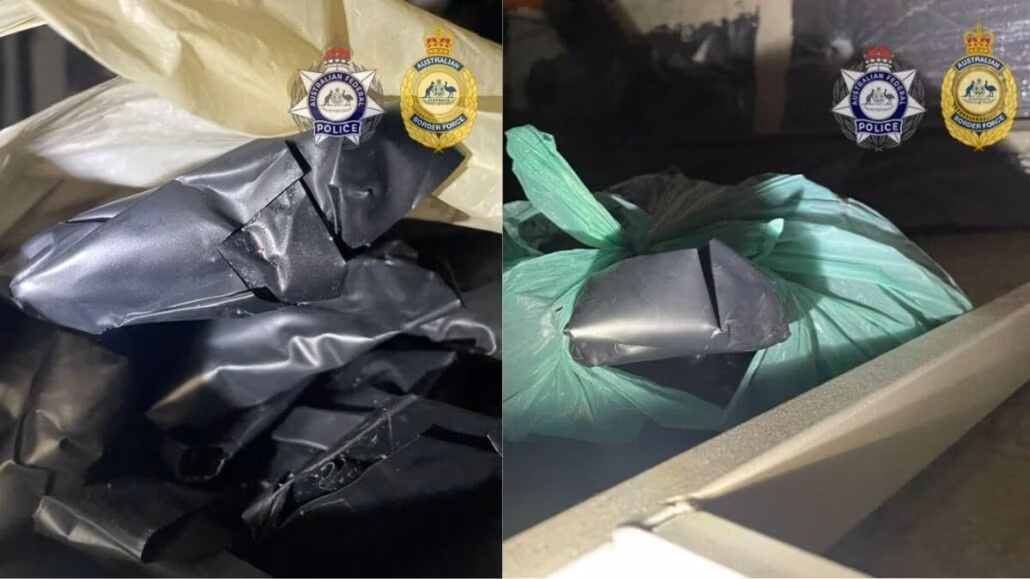 Two images reveal black and green plastic bags containing unidentified black packages, hinting at a major cocaine bust. Police emblems are prominently visible, casting an ominous shadow over the dimly lit indoor setting, potentially unraveling a case leading to a life sentence aboard the cruise ship.