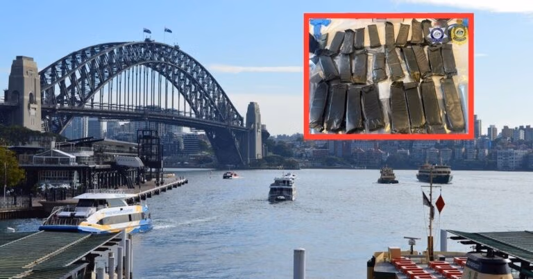 View of Sydney Harbour with the Harbour Bridge in the background. Boats, including a cruise ship, are on the water. Inset image shows several packages wrapped in black material, some connected to a recent cocaine bust with ominous government seals.