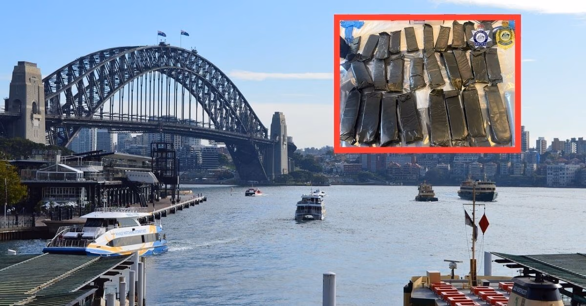 View of Sydney Harbour with the Harbour Bridge in the background. Boats, including a cruise ship, are on the water. Inset image shows several packages wrapped in black material, some connected to a recent cocaine bust with ominous government seals.