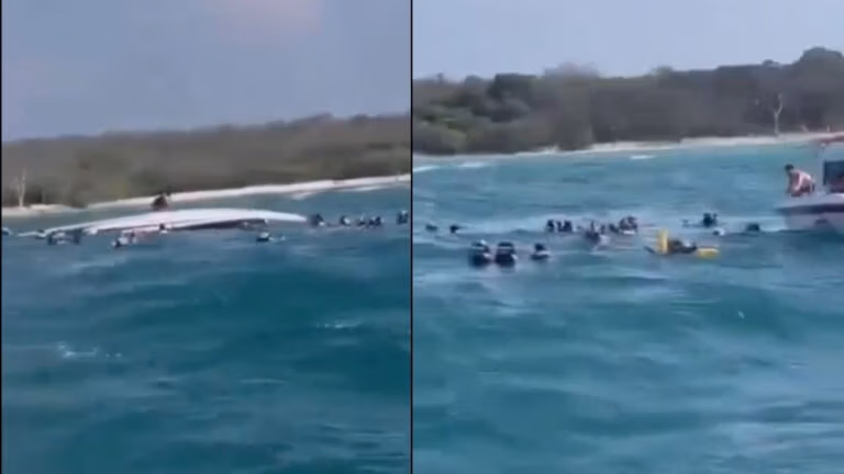 Two images depict a tour boat that has capsized, with cruise guests in the water wearing life jackets. A rescue boat is nearby, while land looms in the background under a clear sky.